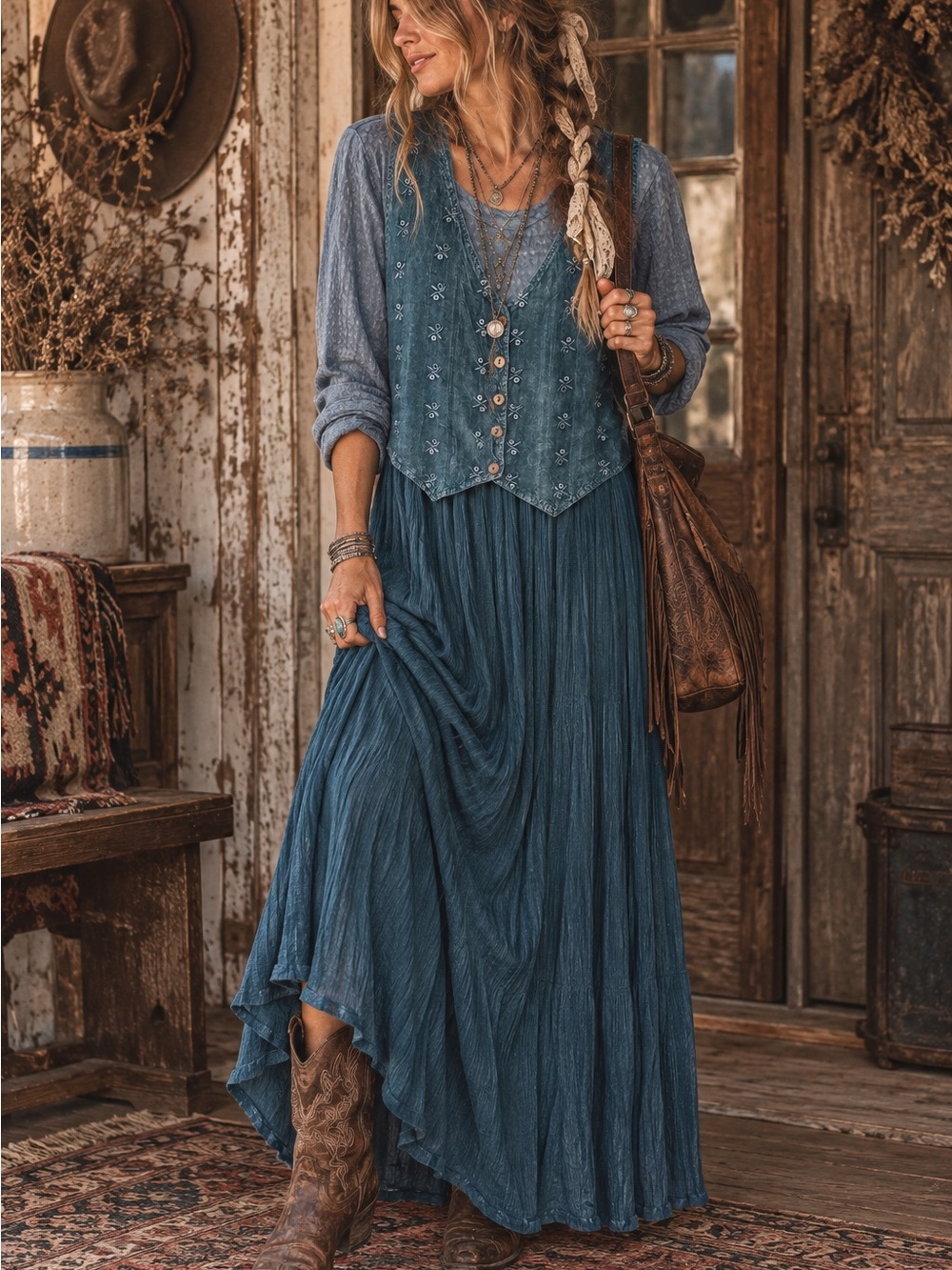 Vintage L.G.S. 90s Boho Western Maxi Dress | Teal Cotton & Rayon Prairie Dress